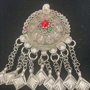 Vintage Silver Brooch with Red and Green Accents